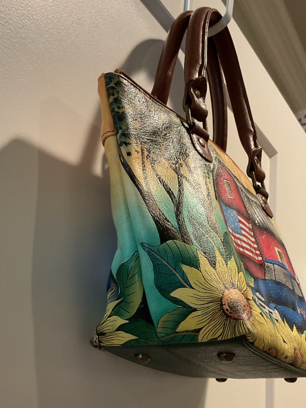 ANUSCHKA Blue Truck Barn Hand-Painted Leather Purse Handbag - Picture 5 of 15